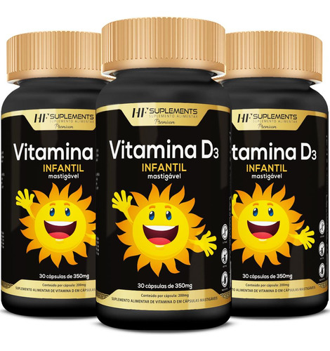 3x Vitamina D3 Infantil 350mg 30cps Mastigavel Hf Suplements