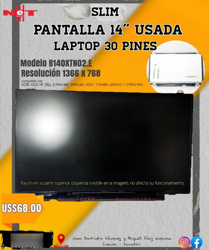 Pantalla Acer Laptop 14, B140xtn02.e, 30 Pines Asus Dell Hp