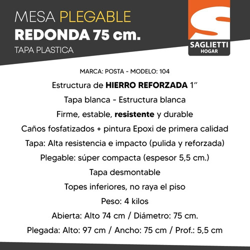 Mesa Plegable Redonda Tapa Plastica 75 Cm Bar Balcon Camping
