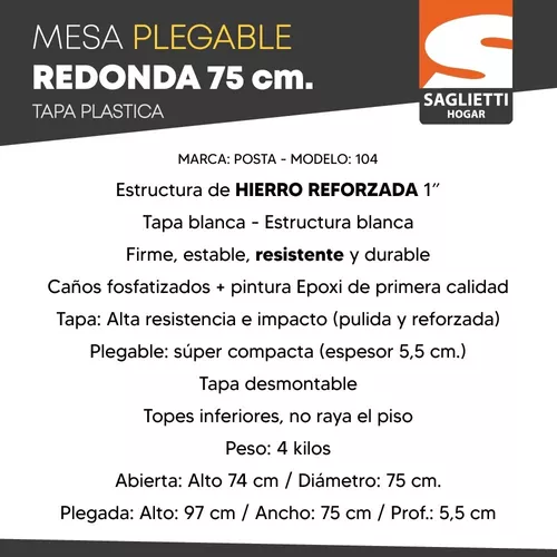 Mesa Plegable Redonda Tapa Plastica 75 Cm Bar Balcon Camping - $ 35.499