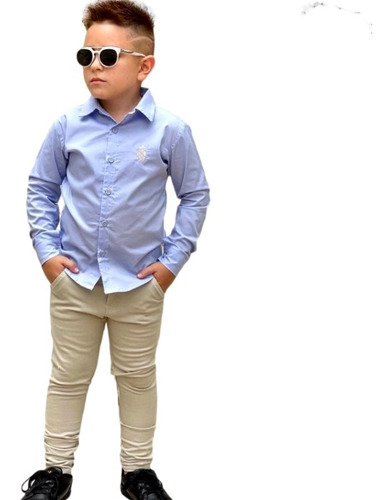 Roupa Menino Social Juvenil Camisa Azul + Calça Sarj 10 Ao16