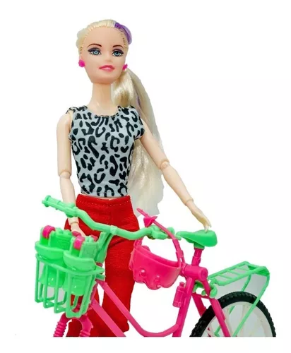 Boneca Barbie Ciclista Articulada Com Patins Bicicleta