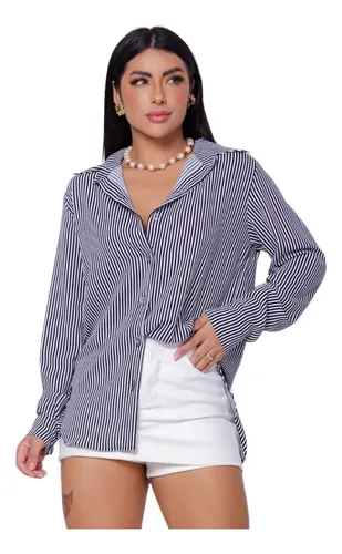 Camisa Social Feminina Clássica Listrada C/ Botões Tendência — R$ 39,90 em Mercado Livre, 43% OFF