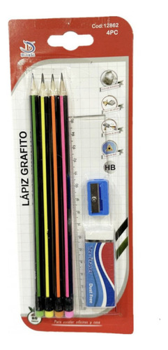 Set 4 Lapices Grafito Goma Sacapuntas Y Regla 15cm