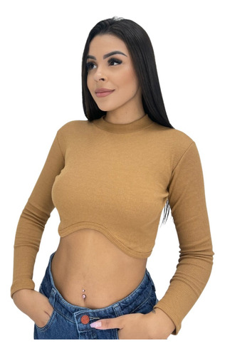 Cropped Manga Longa Outono Inverno Moda Feminina