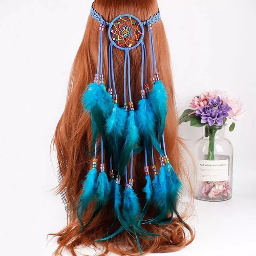 Cuerda de pelo azul con forma de tiara de plumas bohemias
