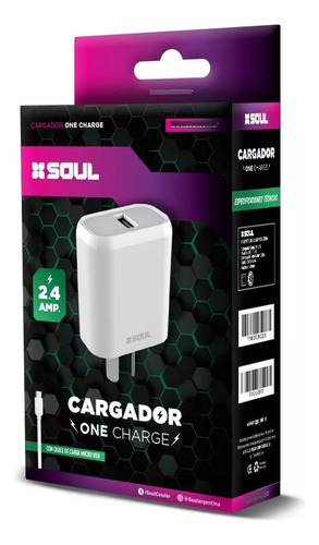 Cargador Soul Carga Rapida Usb 2.4a + Cable Tipo C