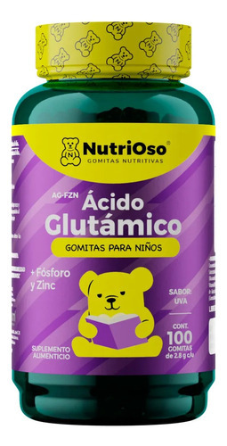 Ácido Glutámico + Fosforo Y Zinc 100 Gomitas Para Niños Sabor Uva