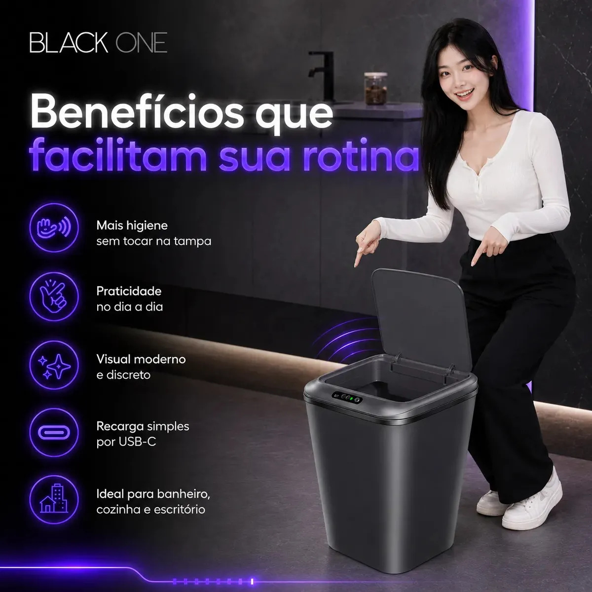 Lixeira Inteligente Sensor Automático 16l Cinza Smart Recarregável Para Banheiro E Cozinha
