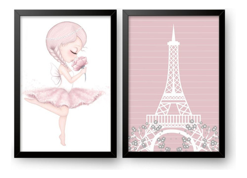 Kit 2 Quadros Decorativos - Paris E Bailarina