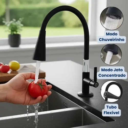 Torneira Gourmet Bancada Cozinha Preta Flexível 2 Jatos Chuveirin...
