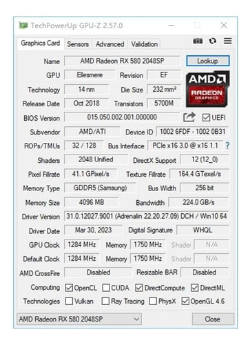 Amd Rx 580 Tarjeta Gráfica 4 Gb Gddr5 Rendimiento 80% De Gtx