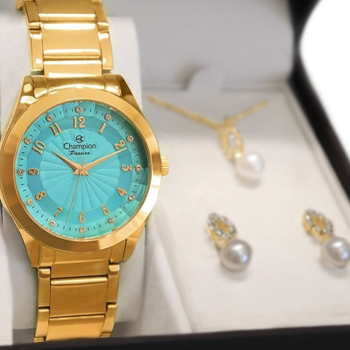 Relógio Champion Feminino Dourado Rosa + Colar E Brincos