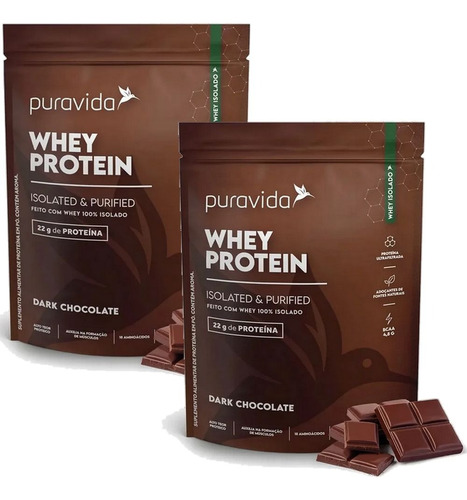 Kit 2x Whey Protein Isolado Pura Vida - 450g Cada - Sabor Dark Chocolate