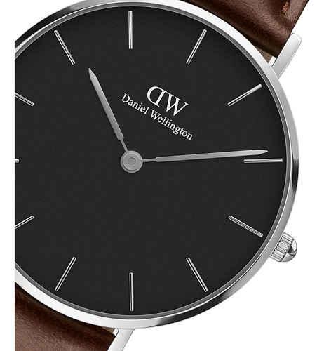 Reloj Daniel Wellington Dama Petite 32mm Correa Café Bisel Acero Fondo Negro