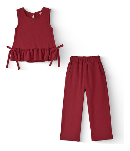 Conjunto De Blusa Con Moños Y Pantalón Niña Flory 0033 Vino Talla M / 7 A 9 Años