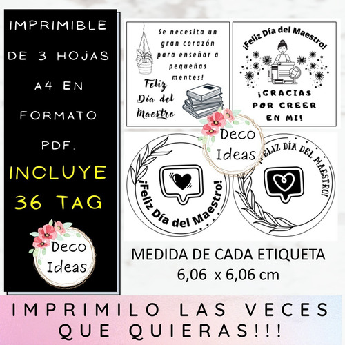 Imagen 3 de 4 de Imprimible Etiquetas Tarjetas Dia Del Maestro - Primer Pdf