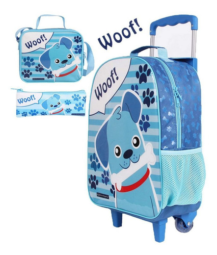 Kit Woof Mochila Carrinho Infantil Escolar Lancheira Estojo