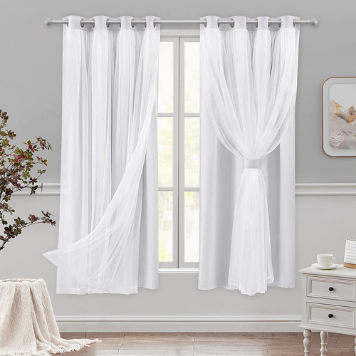 Homeideas Cortinas De Doble Capa Color Blanco Grisceo, Corti