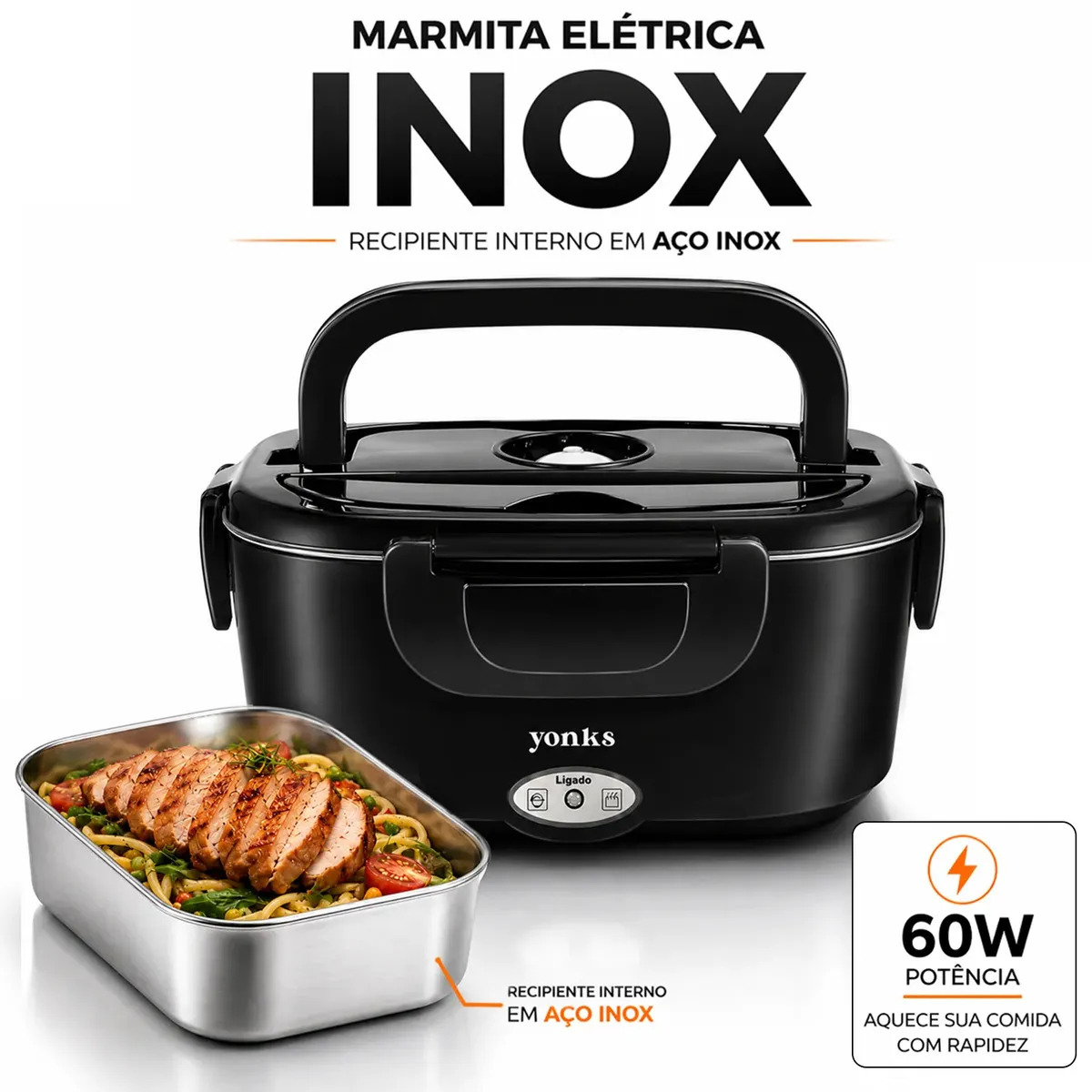 Marmita Elétrica Inox Yonks 60w 1.5l Bivolt Veicular 12v 24v E Residencial 110v 220v - Preta Preto 127/220v