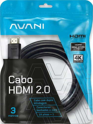 Cabo Hdmi 3 Metros Dupla Blindagem Reforçado Conector Banhado À Ouro 24k Versão 2.0 19 Pinos 4k Ultra Hd 2160p Hdr Arc Cec 3d Ethernet 3m