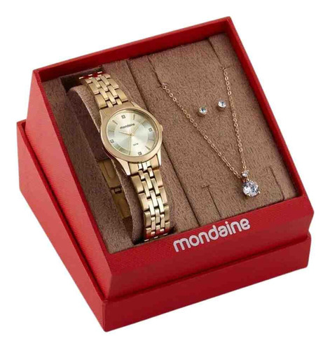 Kit Relógio Mondaine Dourado Feminino 32611lpmkde1k1