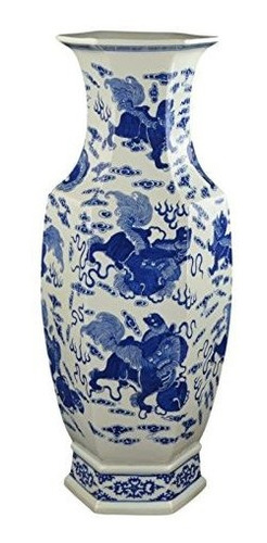 Jarrón Clásico De Porcelana Hexagonal Azul Y Blanco, De 25 P