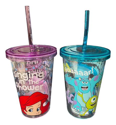 Duo Vasos Disney Ariel Monster Inc Plastico C/ Popote 420ml