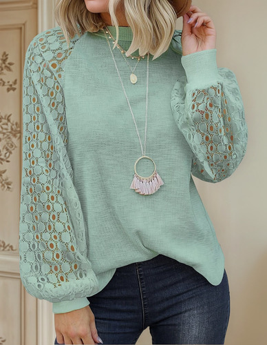 Blusa De Encaje De Manga Larga Con Cuello Redondo Para Mujer
