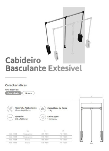 Cabideiro Basculante Extensível Champanhe 870 A 1200mm 12kg