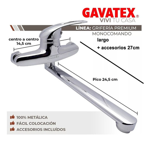 Imagen 2 de 10 de Grifería Monocomando Pico Largo Cocina Lavadero Pared Gx