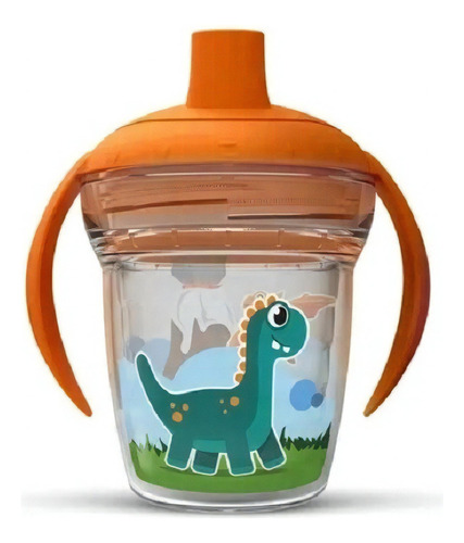 Copo Bebê Transição Infantil 170 Ml Treinamento Alça Dinossauro Tampa Laranja