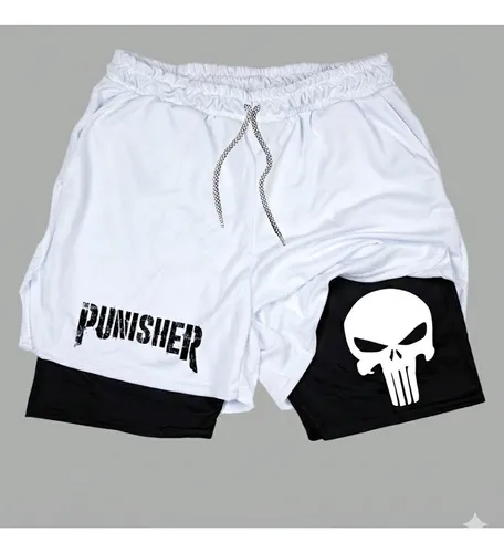 Short de academia branco 2 em 1 com estampa Punisher e forro de compressão preto