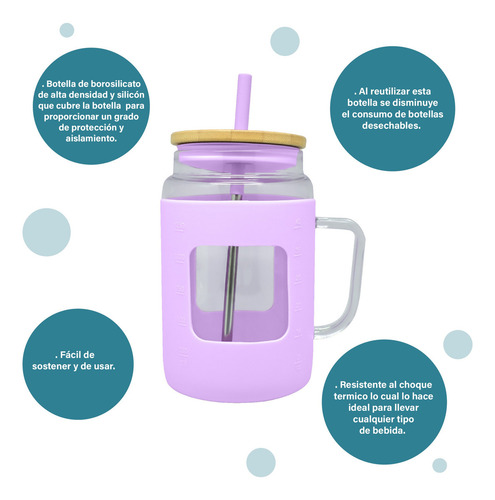 Vaso De Vidrio 1.7 L Con Tapa De Bambú Y Popote Viva Hydrate Color Rosa pálido