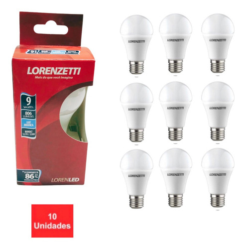 Kit 10 Lâmpadas Led Bulbo Lorenzetti 09w Luz Branca E-27 Cor da luz Branco-frio 110V/220V