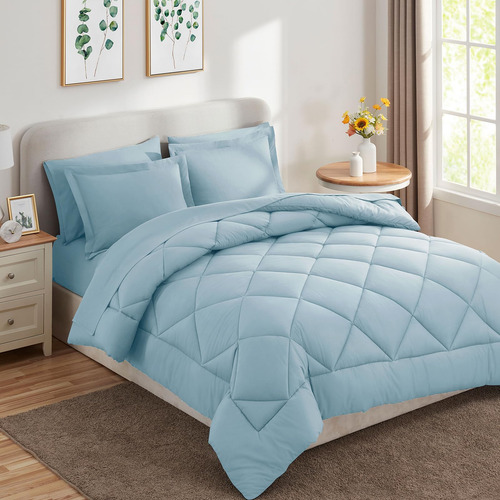 Juego De Edredón Cozylux Queen, Color Azul Claro, 7 Piezas,