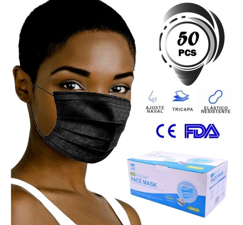 Cubreboca Tricapa Tapabocas 50 Piezas Adulto Negro