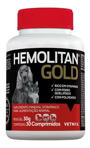 Hemolitan Gold Para Cães E Gatos Com 30 Comprimidos Vetnil 