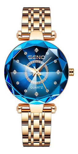 Reloj de pulsera Seno S042 de cuerpo color rosê gold, analógico, para mujer, fondo azul, con correa de acero inoxidable color y expandible