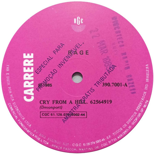 Rage Lp Single 1985 Cry From A Hill Rge 3715
