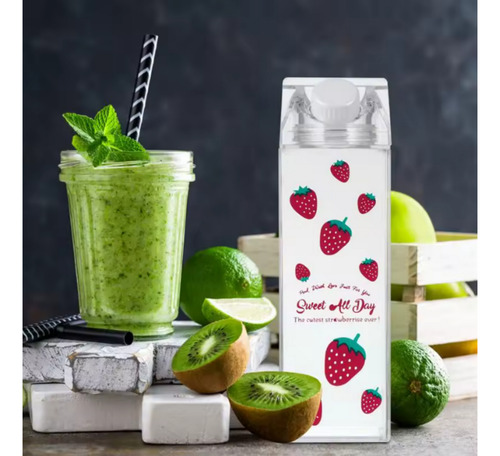 Botella Agua Transparente Tipo Caja De Leche 500ml Diseños Fresas