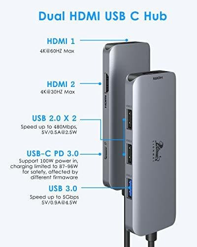 Hub Usb C Dual Hdmi, Adaptador Usb C A Monitores Duales A Do