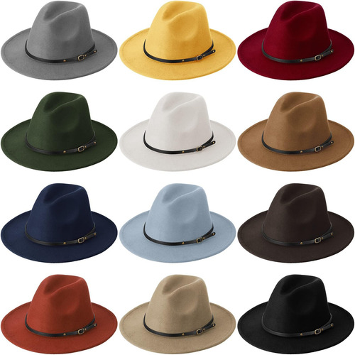 12 Piezas De Sombrero Fedora De Ala Ancha Para Mujer, Hebill