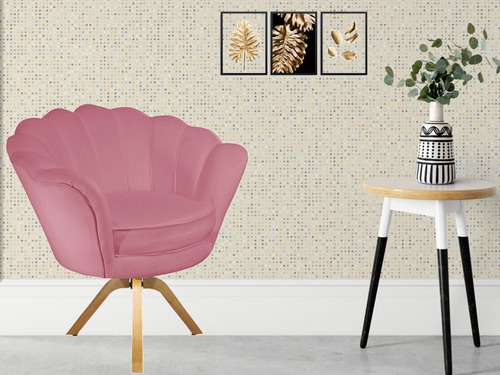 Poltrona Decor Pétala Base Giratória Madeira Suede Rosa