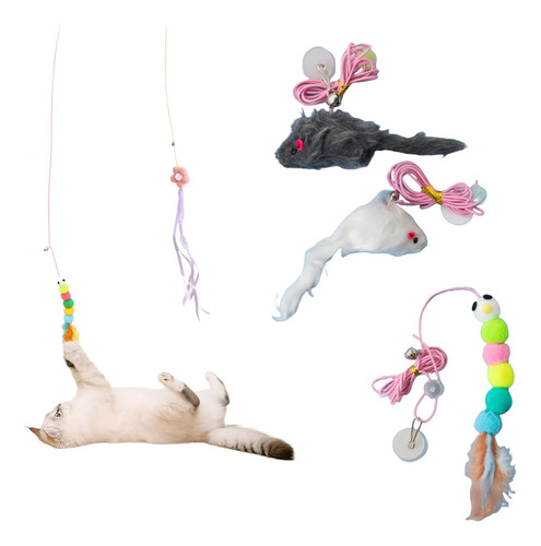 Brinquedo Gato Corda Elastico Pompom Rato Suspenso Porta Cor Ratinho Branco