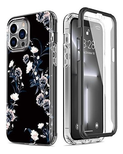 Funda Para iPhone 13 Pro Full Body - Flores Blancas En Negro