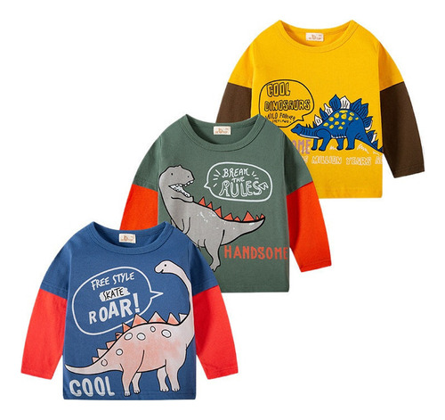 3pcs Niños Dinosaurio Manga Camiseta Otoño Nuevo