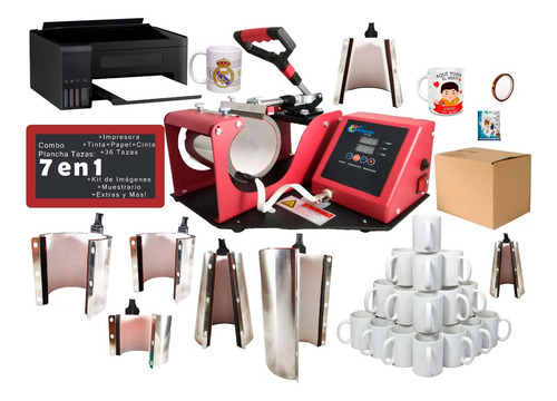Kit Combo 7 En 1 Plancha Tazas Impresora Sublimación 36tazas Color Rojo