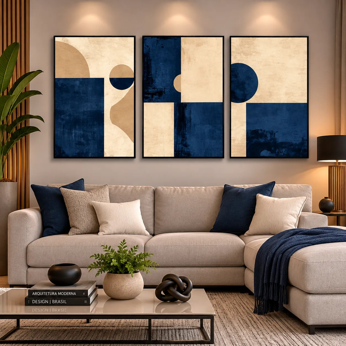 Kit 3 Quadros Decorativos Geométrico Azul Bege Moldura Vidro