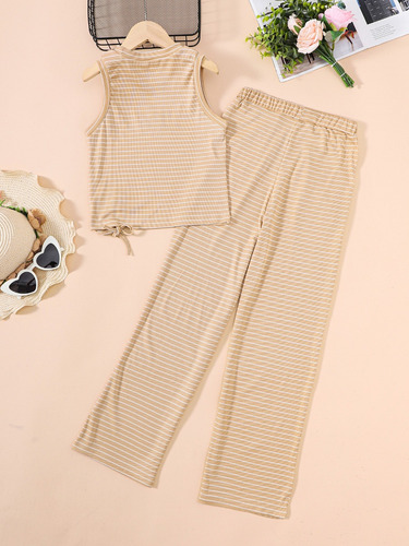 Conjunto De Pantalones Y Camiseta Sin Mangas A Rayas Con Let